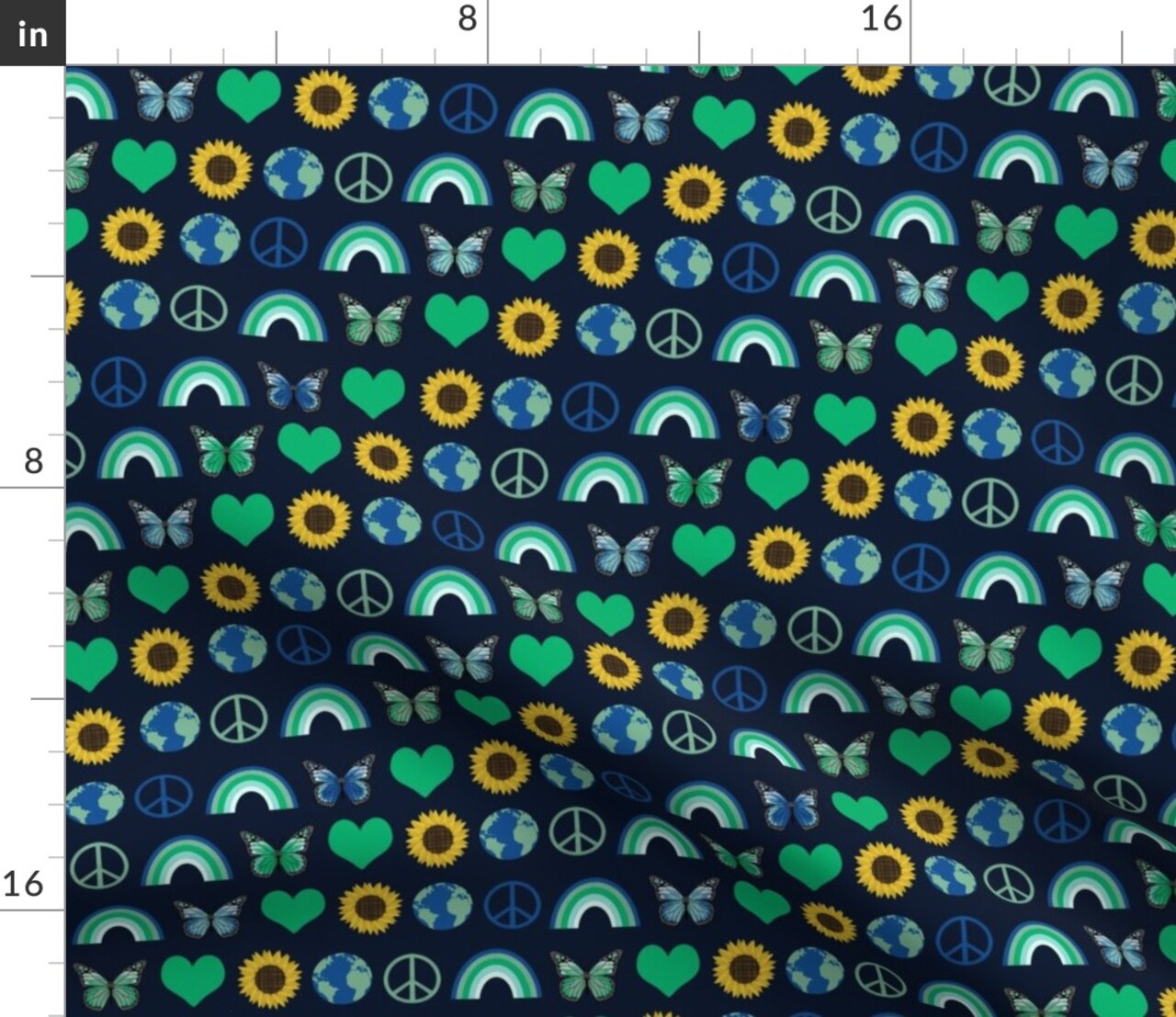 Rainbow Sunflowers Earth Peace Hearts Earth Day Green Blue Love Custom Printed Fabric by Spoonflower Various Fabrics by the Yard or Fat Quarter